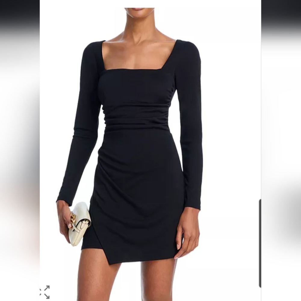 NWT Aqua Black Long Sleeve Square Neck Dress Ruched Size Large
